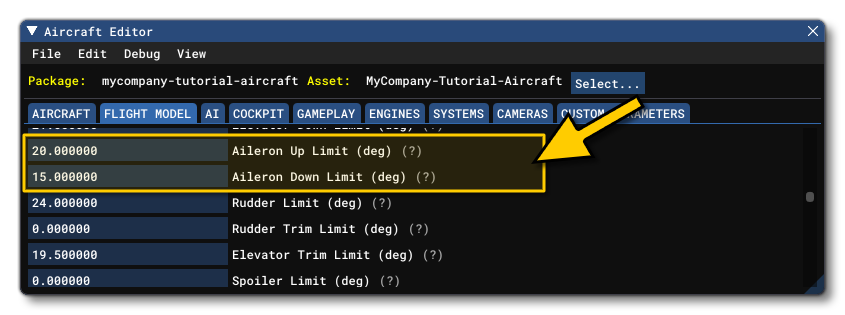 The Aileron Limit Parameters in The Aircraft Editor The Aileron Limit Parameters in The Aircraft Editor