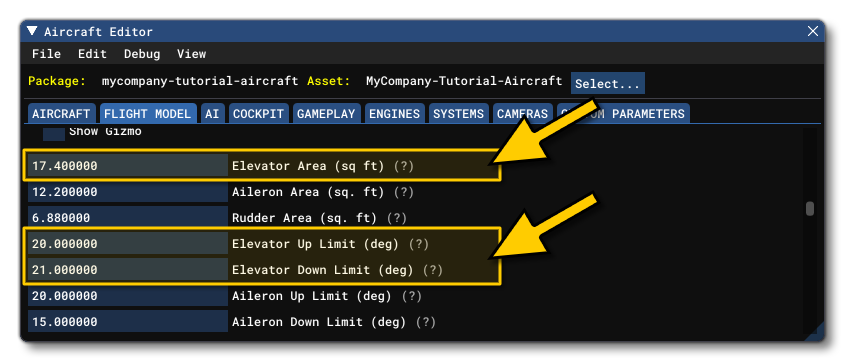 The Elevator Area And Limit Parameters in The Aircraft Editor The Elevator Area And Limit Parameters in The Aircraft Editor