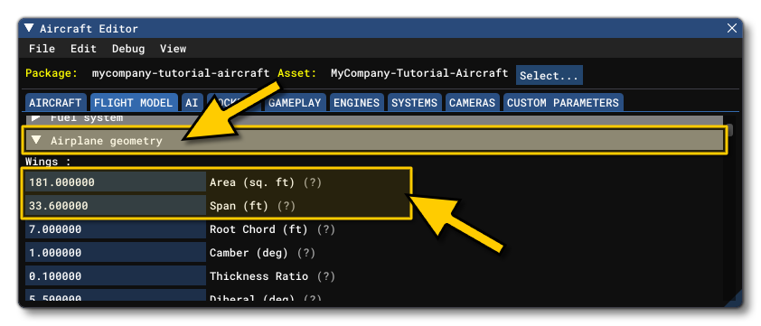 The Area And Span Parameters For The Wings in The Aircraft Editor The Area And Span Parameters For The Wings in The Aircraft Editor