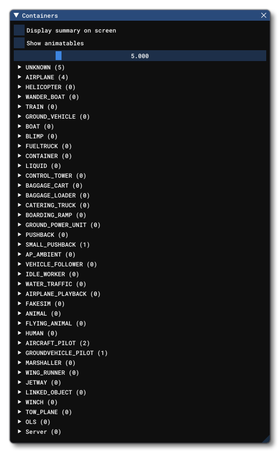 The SimObjects Container Window