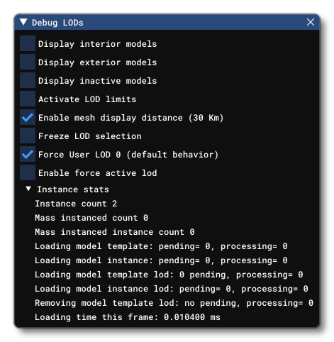 The Debug LOD Window From The Options Menu