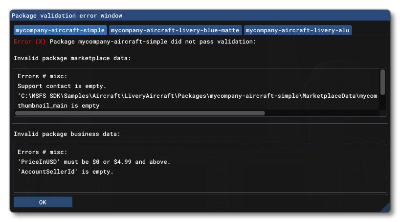 The Package Validation Error Window