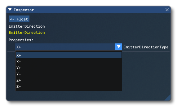 The EmitterDirection Options in The Inspector Window