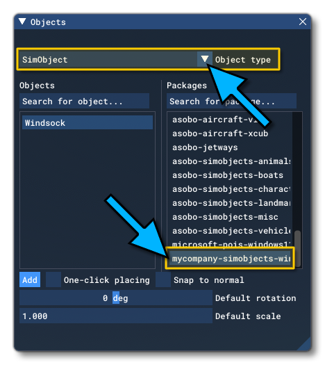 Finding The Windsock SimObject In The Objects Window 