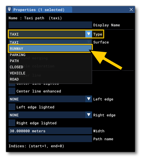 Selecting A Type In The TaxiwayPath Properties Window