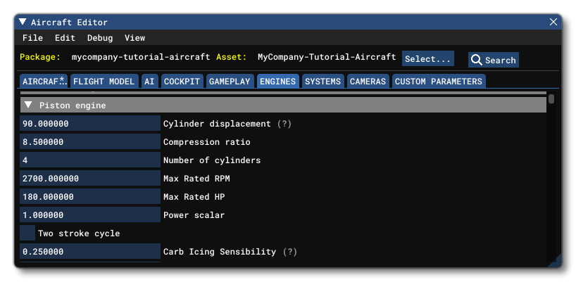 The Piston Engine Section Of The Aircraft Editor Engines Tab