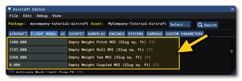 The Different MOI Parameters In The Flight Model Tab The Different MOI Parameters In The Flight Model Tab