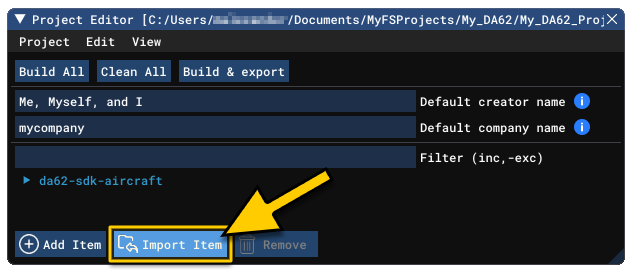 The Import Item Button In The Project Editor