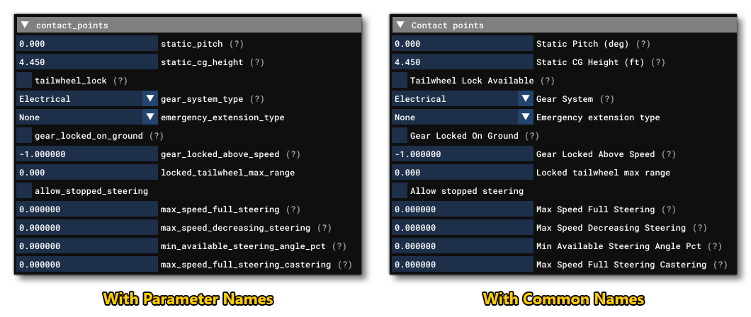 Parameter Names And Common Names In The Aircraft Editor