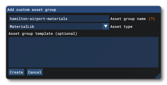 The Add Asset Group Window For Adding A MaterialLib