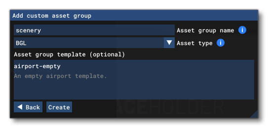 The Add Asset Group Window In The Project Editor