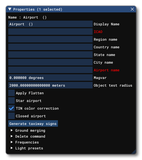 The Properties Window For An Airport Object