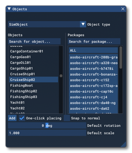 Different SimObj Object Elements Listed In The Objects Window