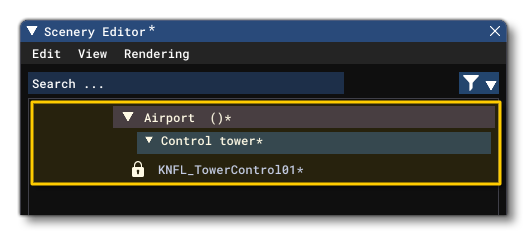 Example Of A ControlTower Group And Object In The Scenery Editor Content List