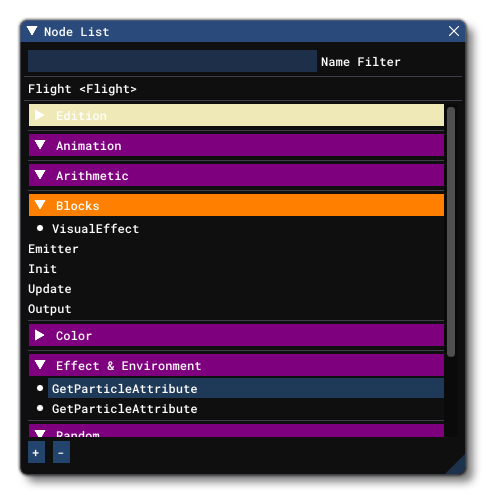 The Node List View In The Visual Effects Editor