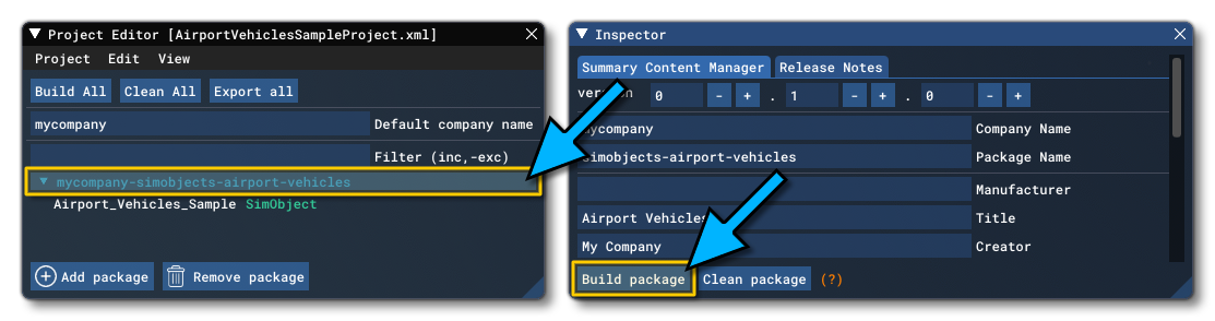 Building The AirportVehiclesSample Package In The Project Editor Inspector