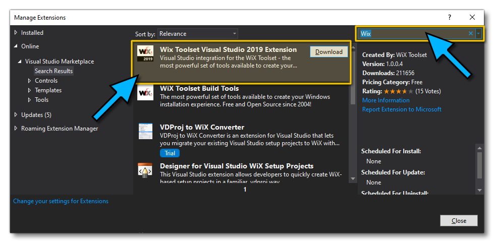 The VS2019 Extensions Manager Window