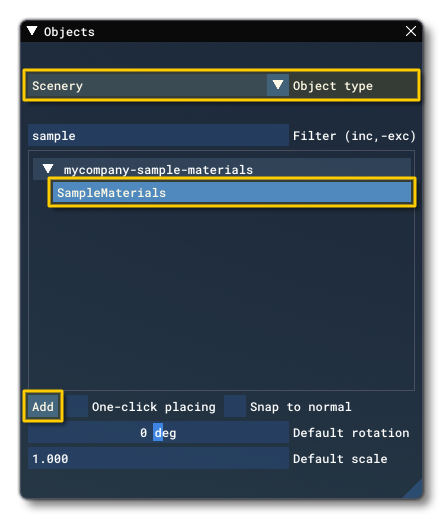 The SampleMaterials Demo Object In The Scenery Editor Objects Window