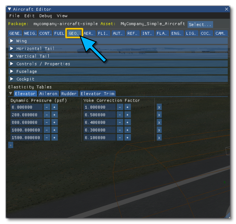 Opening The Geometry Panel In The Aircraft Editor