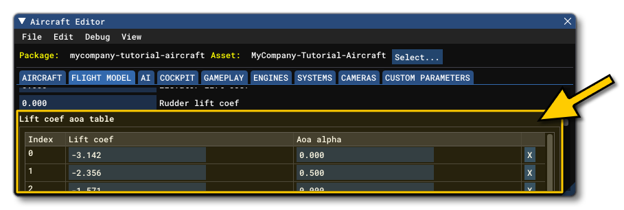 The AoA Tables Section In The Aircraft Editor