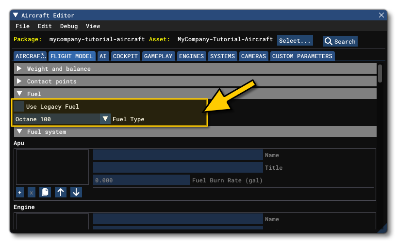 Initial Setup For The Fuel System In The Aircraft Editor