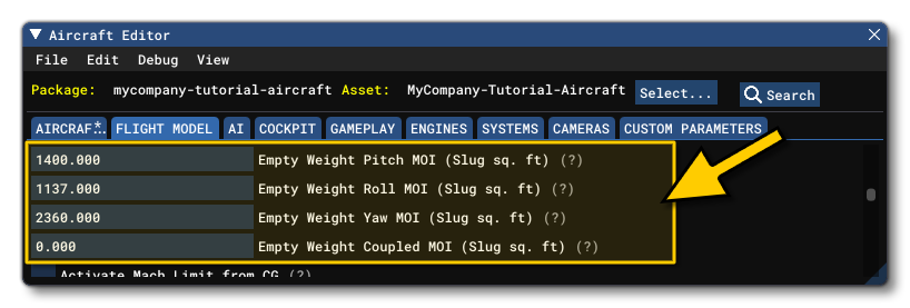 The Different MOI Parameters In The Flight Model Tab