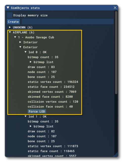 The SimObjects Stats Window