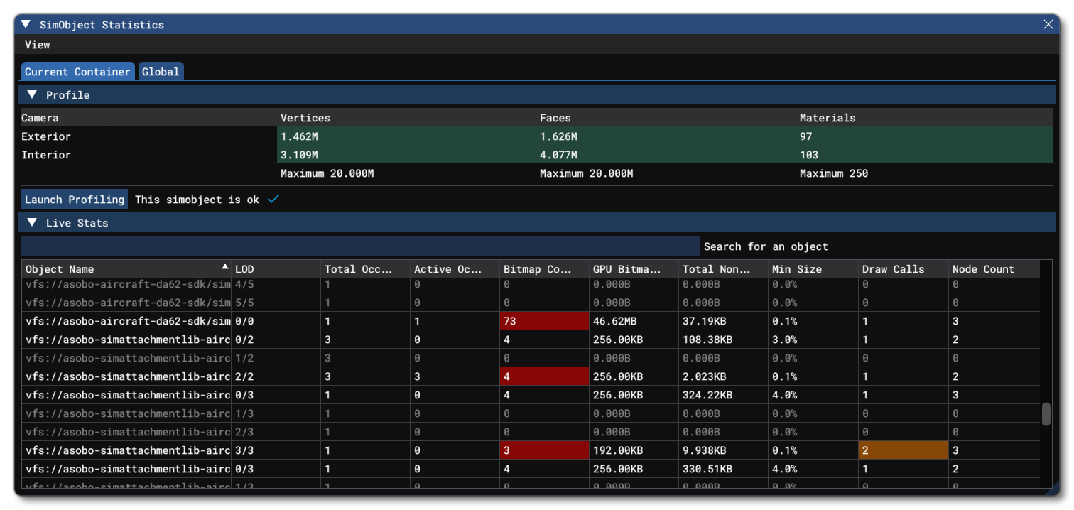 The SimObject Statistics Profiler Window