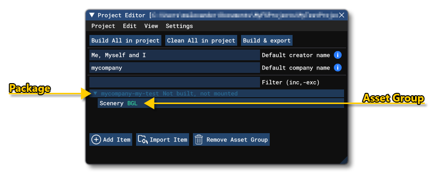 The Project Editor With A New Package And Asset Group