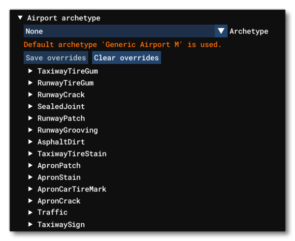 The Override Airport Archetypes Sub-Menu