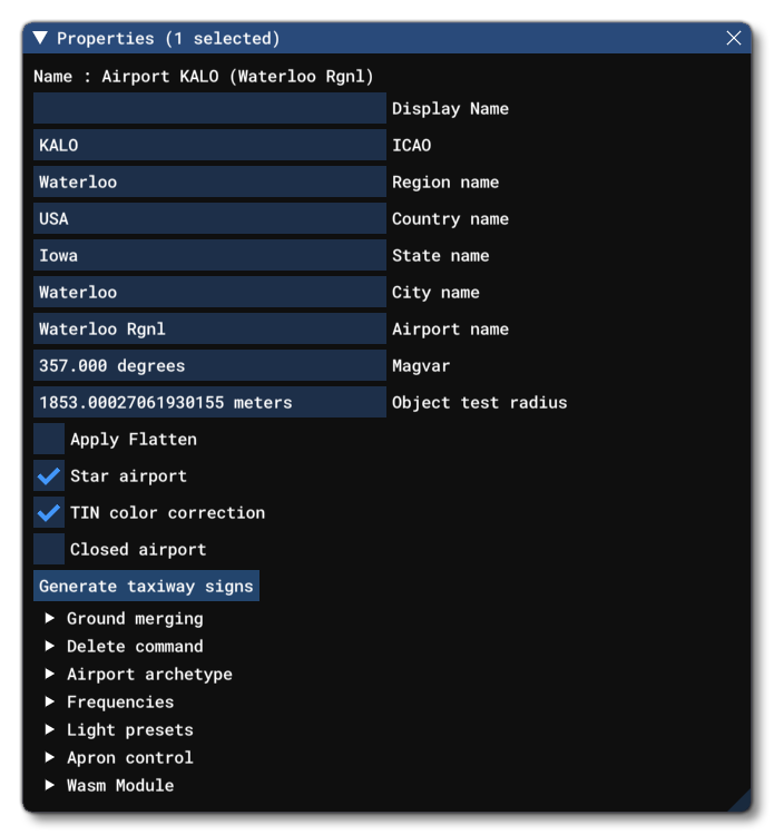 The Properties Window For An Airport Object