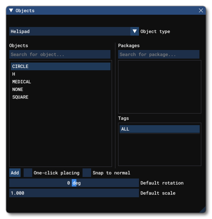 Different Helipad Object Elements Listed In The Objects Window