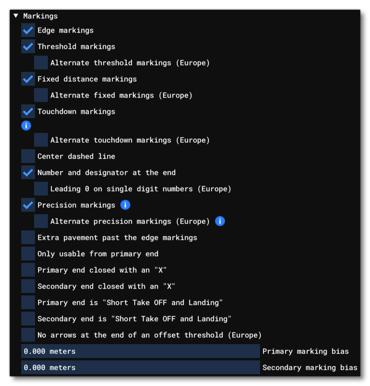The Different Markings Options For A Runway Object