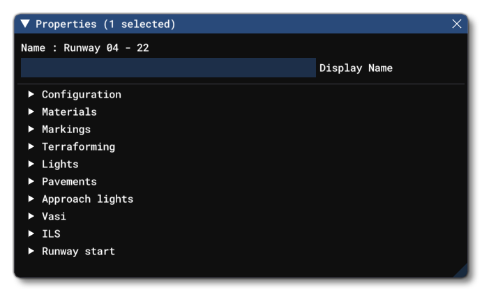 The Properties Window For A Runway Object