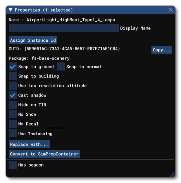 The Properties Window For A Scenery Object