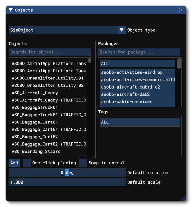 Different SimObj Object Elements Listed In The Objects Window