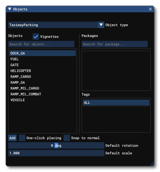Different Taxiway Parking Object Elements Listed In The Objects Window