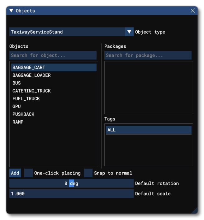 Different Taxiway Service Stand Object Elements Listed In The Objects Window