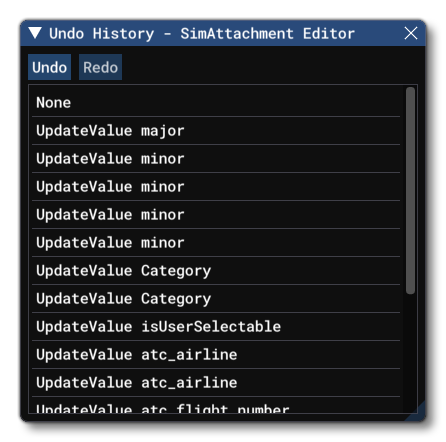 The Undo Window In The SimAttachment Editor