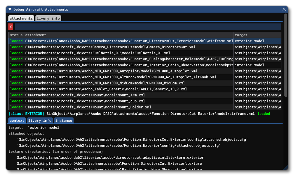 The Debug Aircraft Attachments Window