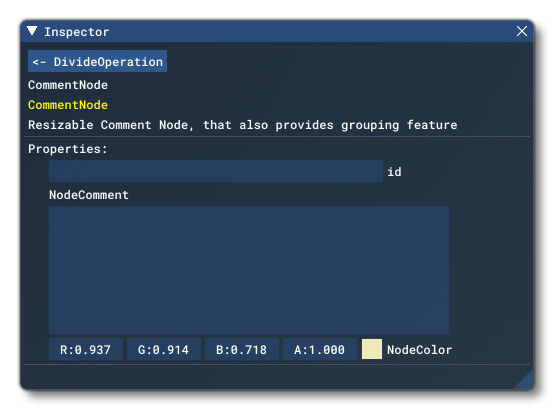 The Inspector For A NodeComment Item