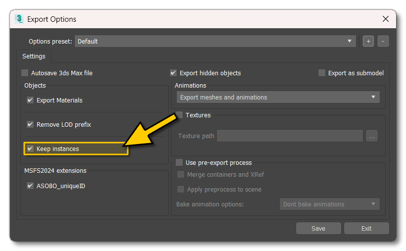 Babylon Exporter "Keep Instances" Option