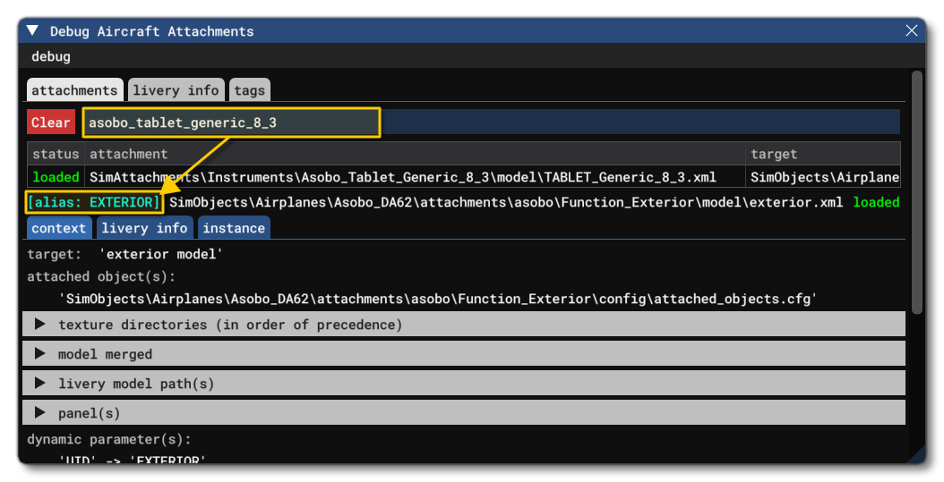Finding The Attachment Alias In The Debug Aircraft Attachments Window