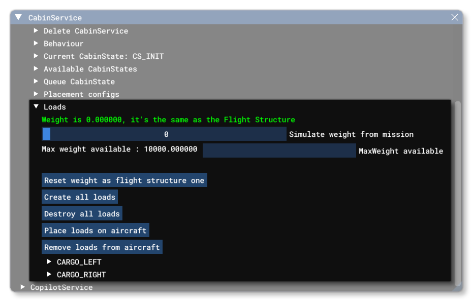 The Cabin Services Debug Window Loads Section
