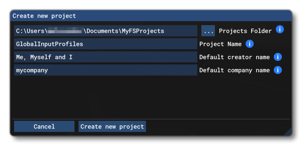 The Create New Project Dialog
