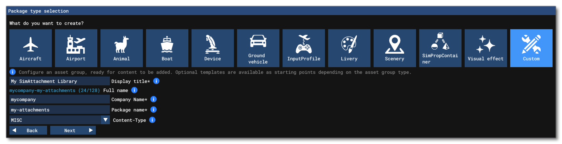 The Package Type Selection Window