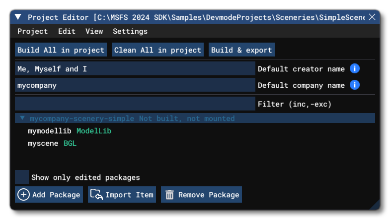 SimnpleScenery In The Project Editor