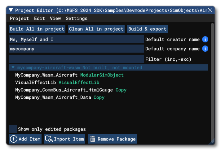 The WASMAircraft Sample Open In The Project Editor