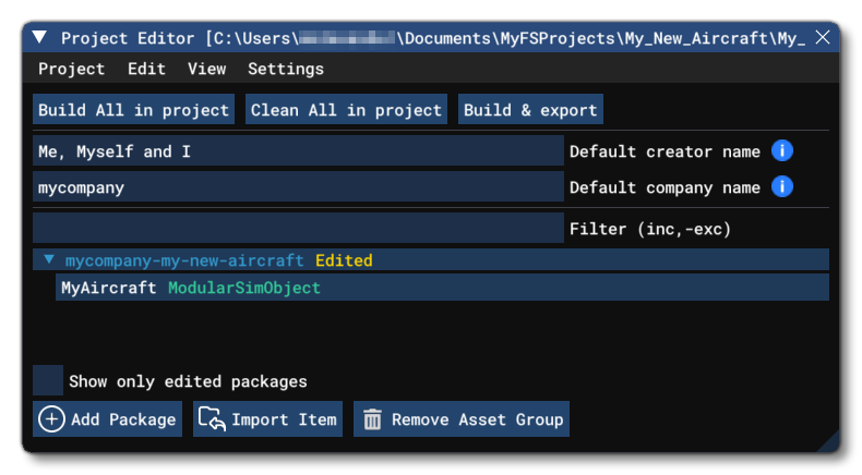 The Project Editor With The Base Aircraft Package