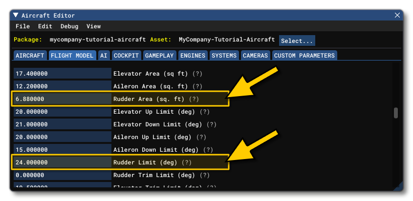 The Rudder Area And Limit Parameters in The SimObject Editor The Rudder Area And Limit Parameters in The SimObject Editor